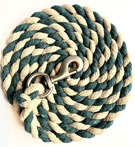 Majestic Ally Pack of 2 Solid Cotton Lead Rope for Horses & Livestock – 10 Foot Long and 5/8 inch Thick - Replaceable Heavy-Duty Satin Bolt Snap – Handmade – Soft, Broken in Feel (Hunter Green -Tan) - color: Hunter Green -Tan