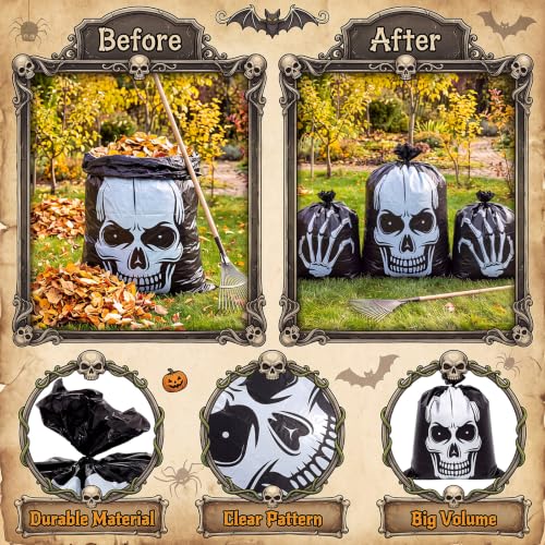 Qilery 6 pack Halloween Skull Leaf Lawn Bags for Outdoor Decorations Plastic Zombie Trash Bags with Skeleton Hand & Twist Ties for Lawn Yard Garden Patio and Party Decor - style: Skull