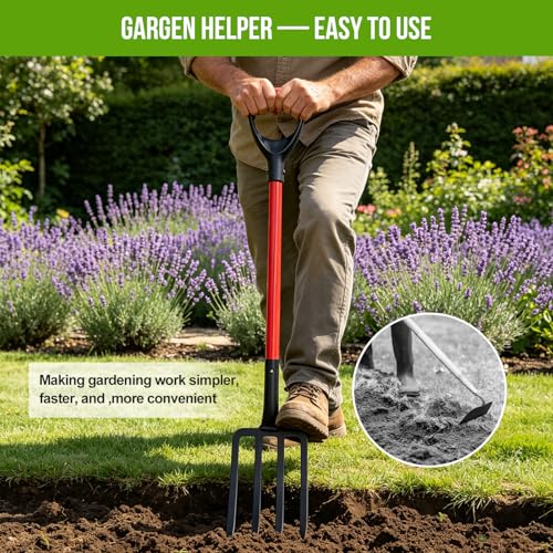 4-Tine Garden Pitch Fork, 44-Inch Heavy Duty Digging Fork for Soil Loosening, Compost Turning & Mulch Moving – Ergonomic Fiberglass Handle Garden Fork - size: One Piece Fork 42.5Inch