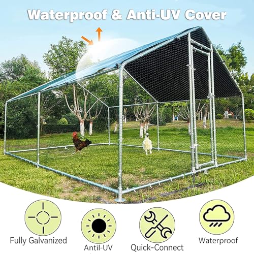 HITTITE Large Metal Chicken Coop with Run, 12.8 x 9.84 x 6.56 ft Walk in Poultry Cage Chicken Run Pen, Outdoor Chicken Runs for Yard with Waterproof & Anti-UV Cover - size: 153.6"L x 118.0"W x 79.2"H