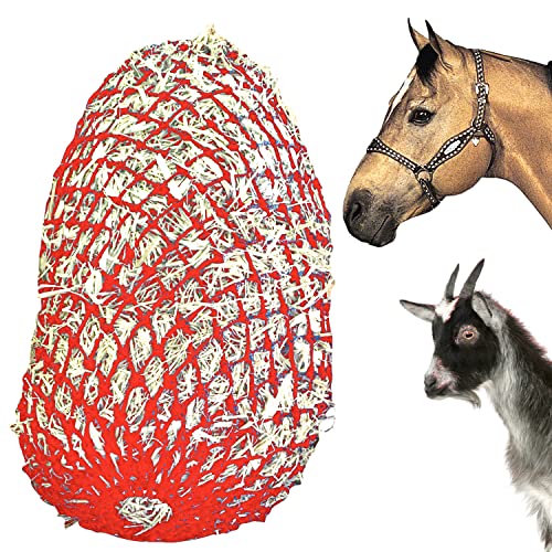 Majestic Ally 2”x2” Holes Slow Feed 40” Very Sturdy Hay Net with Bottom Ring for Desirous Horses, Nylon rope hanging, Adjustable Travel Feeder for Trailer, Stall, and Portable Wear. (Red) - color: Red
