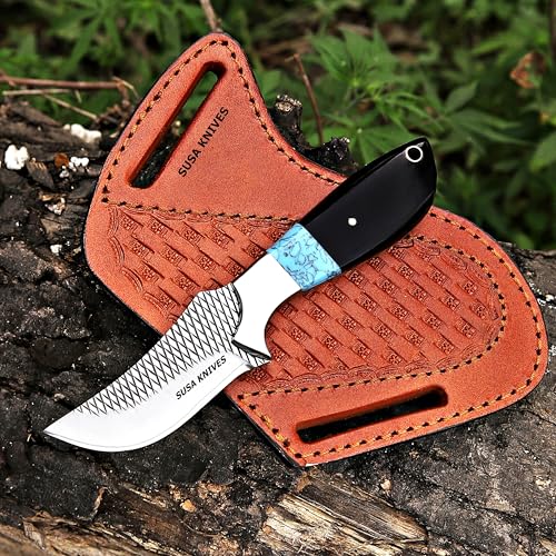 Custom Handmade 7'' fixed blade hoof rasp knife Cow boy knife Turquoise Handle Damascus steel Bull cutter, cowboy knives with pancake leather sheath (BLACK HORN) - color: BLACK HORN