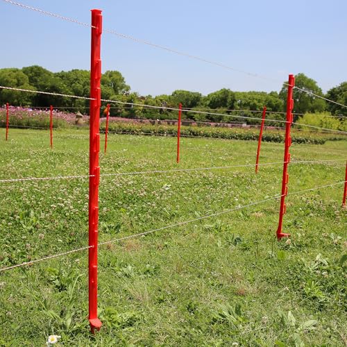 50PCS 48" Plastic Step-in Electric Fence Posts with Clips, Red | Temporary Electric Fence Stakes · 8 Integrated Clips · Reinforced Steel Spike · For Garden and Farm & Livestock - color: Red-50PCS