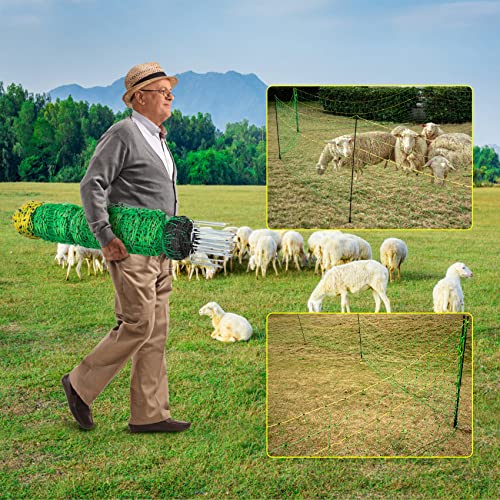 TMEE Electric Fence Netting Livestock Fencing for Goat with 14 Posts Double Spiked, Portable Mesh for Sheep, Deer, Hogs, Dogs in Backyards, Farms and Ranches, 49.6" H x 164' L, Green - size: 49.6" H