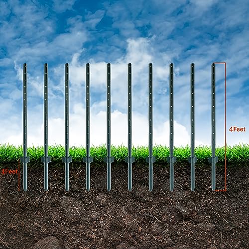 (4 Sizes: 4-5-6-7 Feet) LADECH 4 Feet Sturdy Duty Metal Fence Post with 20 Zip Ties & 20 Post Clips – Garden U Posts for Fencing (4 Feet - Light - Set 10) - style: 4 Feet - Light - Set 10