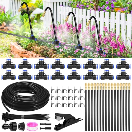 M METERXITY 1-Set Drip Irrigation System, 50Ft 5/16" Hose Garden Watering Misting System with 16pcs 360° Adjustable Copper Nozzles for Greenhouse/Yard/Lawns, Atomizing Watering Accessories - color: Black + Gold Tone, size: 50Ft 5/16"