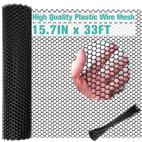 Plastic Mesh Fence Sheet 15.7IN x 33FT - 0.3IN Opening Plastic Chicken Wire Netting Roll Durable for Dogs, Poultry, Puppy, Garden Snake Barrier with 50 Pcs Zip Ties - Black - color: Black, size: 15.7IN x 33FT + 50Ties