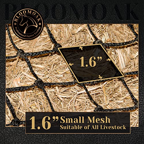 Bloomoak Slow Hay Net Feeder for Horses, Durable Soft Black PE 2/3 String Hay Bales Bags, Fit 36x18x18 to 47x25x17 Inches, Extends 50-64 Inches (2 1.6" Hole/1PC) - color: 2 String-1.6" Hole-Ultra Slow Feed/1PC