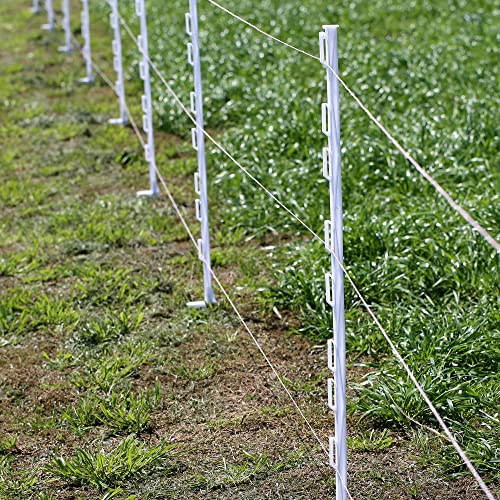 FENSMILE 25 Pack 48Inch Step-in Electric Fence Posts with Clips, White | Temporary Fencing · 8 Integrated Clips · Reinforced Steel Spike · For Garden and Farm
