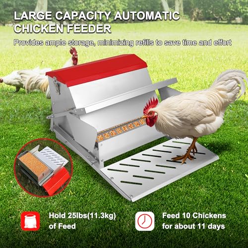 25lbs Automatic Chicken Feeder-Metal Treadle Poultry Feeder, No Waste Rat Proof Chicken Feeder with Sturdy Galvanized Steel Build and Weatherproof Locking Lid for Duck, Fowl, Pheasant Outdoor