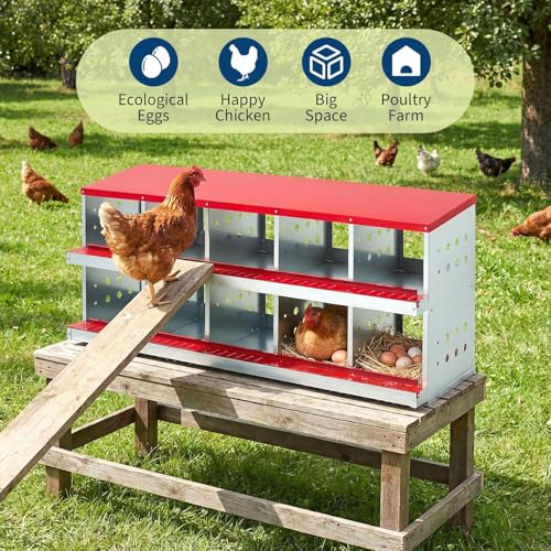 62.99" Metal Chicken Nesting Box, 10-Compartment 2-Tier Poultry Nest Box with Perch and Ventilation Holes, Red Roof Hen Laying Box for Up to 10 Chickens - color: Red A, size: 63.0"L x 18.9"W x 28.0"H