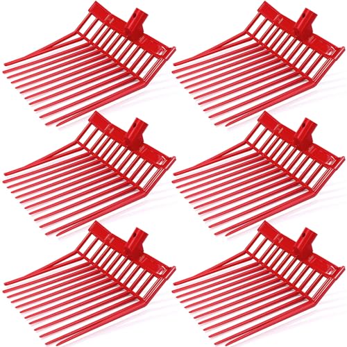 Lasnten 6 Pack Manure Fork Replacement Heads 12 Tines Heavy Duty Pitchfork Heads with Screws & Nuts Durable Horse Manure Rake for Picking up Grass Hay Animal Waste(Red) - color: Red