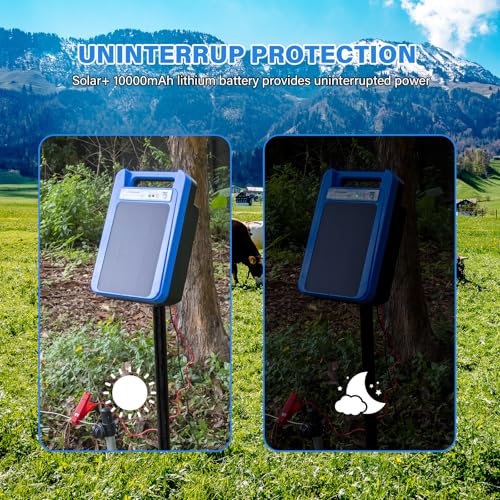 Solar Electric Fence Charger 8 kV Hight Power Energizer, 10000mAh Lithium Battery & 3W Solar Panel - Ideal for Livestock, Pet, Poultry, Gardens, Orchards Protection