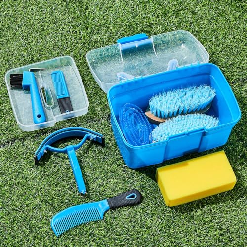 Cunhill 9 Pieces Horse Grooming Kit with Organizer – Curry Comb, Hard & Soft Brushes, Hoof Pick, Sweat Scraper, Sponge – Grooming Supplies for Horses, Riders & Beginners