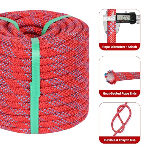 1/2in x 150ft Double Braided Arborist Rigging Rope, 48 Strands Polyester 8000LBS Heavy Duty Climbing Bull Rope for Tree Swing Rappelling Rescue Camping - size: 1/2in x 150ft, style: Red