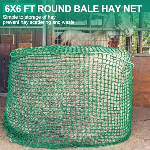 6x6 ft Round Bale Hay Net - Large Slow Feeder for Horses & Livestock, Knotless Design Slow Feeder Hay Nets, Fits 4x4ft 5x5ft 6x6ft Round & 3x3x8ft 4x4x8ft 5x5x8ft Square Bales (Green-Round) - color: Green-Round