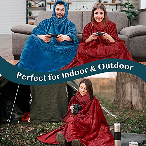 PAVILIA Wearable Blanket Poncho Women Men, Oversized Hoodie Sweatshirt Sweater Neck Warmer, Fleece Soft Hug Sleep Pod Adult - color: Wine Burgundy, size: Fleece