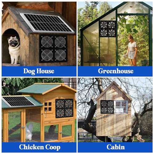 HNRLOY Solar Exhaust Fan for Chicken Coop & Powered Fan with 25W Solar Panel & 4 High-Speed Brushless DC Fans, Solar Ventilation Fan for Greenhouses,Attics,Shed,Barns & Dog Houses - size: 25W Solar Panel + 4 Exhaust Fans