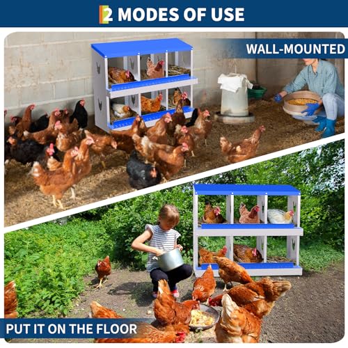 Chicken Nesting Box, 6 Compartment Galvanized Steel Chicken Laying Boxes, Heavy Duty Rustproof Chicken Coop with Easy Egg Collection for Backyard Farms - Wall Mountable, Blue