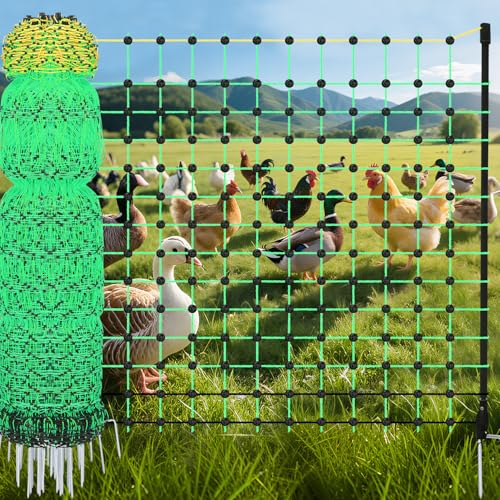 48" x 164' Electric Chicken Fence, Electric Poultry Netting for Chicken, Duck and Goat, Portable Anti-Predator Electric Fencing in Farms, Ranches, and Gardens (16 Posts, 2 Spikes)