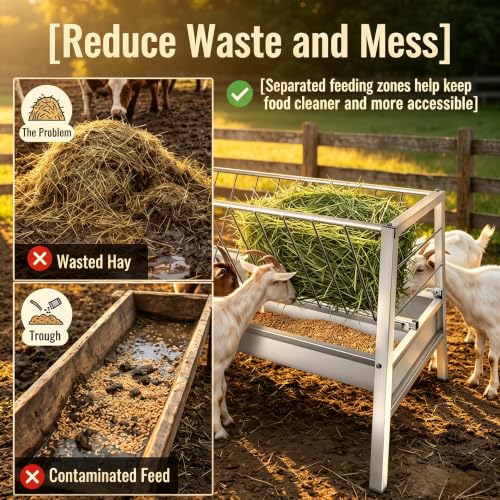 Anti-Waste 99-Gallon Goat Hay Feeder, 2-in-1 Galvanized Steel Livestock Feeder with Hay Rack and Grain Trough, 59" Long for Goats Sheep Calves in Barn Pasture Farm