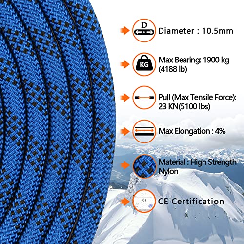 AOLEBA 10.5 mm Static Climbing Rope 10M(32ft) 20M(64ft) 30M(96ft) 50M(160ft) 70M(230ft) Outdoor Rock Climbing Rope, Escape Rope Ice Climbing Equipment Fire Rescue Parachute Rope - color: Blue, size: 96ft