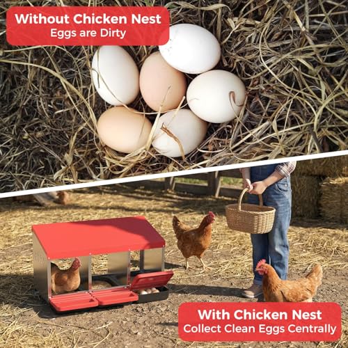 3-Compartment Chicken Nesting Box, Heavy Duty Galvanized Steel Poultry Nest Box, Wall Mount/Freestanding Design for Hens, Ducks, Backyard Homesteads & Farm Use, Red, with Soft Mats, No Stand - color: Red, size: 3 Room&Mat Board