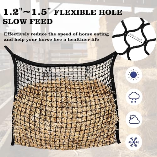 2 Pack Slow Feed Hay Nets for Horses, Goats and Cattle | Durable nylon slow-feeding bags hold forage for horses, goats, and cattle in stalls, paddocks, trailers, and stables.