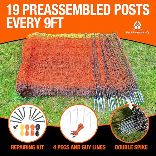 Pet & Livestock HQ Electric Fence Poultry Netting 48" x 164' - Portable Pre-Assembled Electric Net Fencing for Goats, Sheep, Lambs in Farms, Ranches, and Gardens (19 Posts, 2 Spikes) - size: 48" x 164'