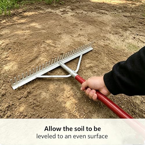 KYLIN 36 Inch / 36 Tines Aluminum Landscape Rake with 66 Inch Extra-Long Handle, Versatile Rake for Lawn Care,Loosening Soil, Weeding, Leveling Gravel, Beach Sand - Lighweight & Rust Proof
