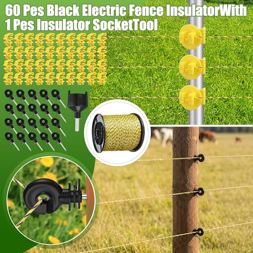 Electric Fence Kit, 0.35j Charger 3366ft Wire 60 Insulators | 5 Mile 110V Plug in Electric Fence, Polywire for Livestock Horse Cattle Poultry, T Post Screw Insulators, Farm Pasture - size: 3366FT, style: 0.35J