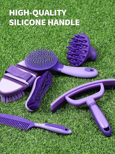 Harrison Howard Horse Grooming Kit 9 Piece with Tote Bag, Non-Slip Horse Brush Set for Shedding, Bathing, Hoof Care, Mane & Tail Grooming, Equine Grooming Supplies Purple - color: Purple
