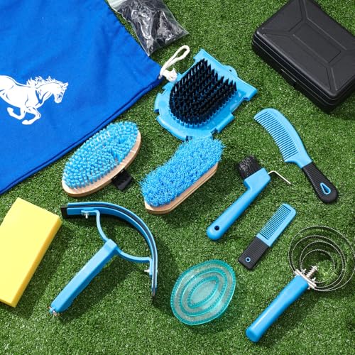 Abbylike 12 Pieces Horse Grooming Kit Racing Festival Tack Room Supplies Horse Brush Sets Equine Care Cleaning Kit Shedding Grooming Massaging Tools(Blue) - color: Blue