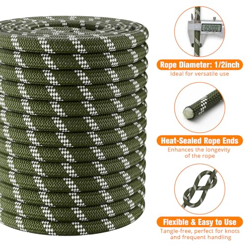 Double Braided Arborist Rigging Rope - 1/2 in X 100 ft 48 Strands Rappelling Outdoor Pulling Heavy Duty Polyester Bull Rope for Swing Tree Work Camping Rescue Hiking - Army Green - color: Army Green, size: 1/2 inch X 100ft