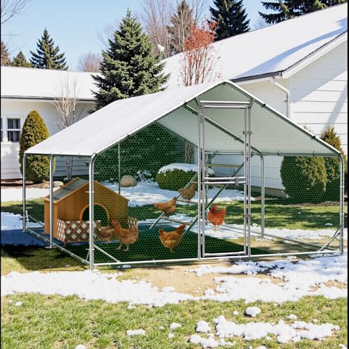 Large Metal Chicken Coop Runs for Yard with Cover, 10x13x6.5 | Perch Bars, Split Doors, Waterproof Covers, Mesh Wire - size: 157.5"L x 118.1"W x 78.7"H