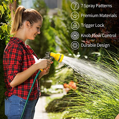 AUTOMAN-Garden-Hose-Nozzle,ABS Water Spray Nozzle with Heavy Duty 7 Adjustable Watering Patterns,Slip Resistant for Watering Plants,Lawn& Garden,Washing Cars,Cleaning,Showering Pets - Yellow - color: Yellow