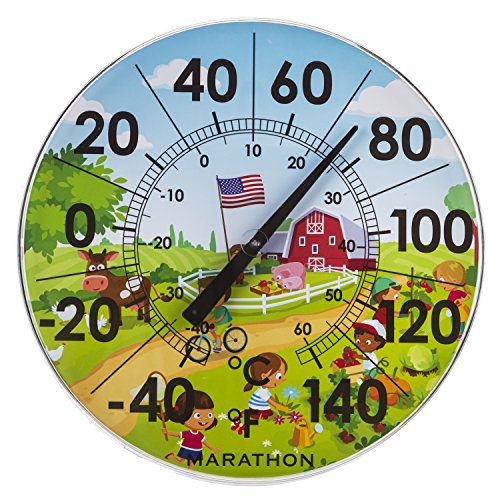 Marathon Housewares 12-Inch Indoor/Outdoor Dial Thermometer - Barn Scene | large easy-read numbers, °C/°F display, weather-resistant, mercury-free, no batteries
