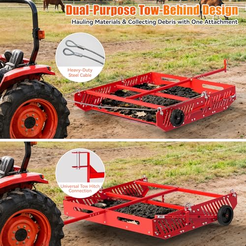 Red Horse Manure Scoop Tow Behind, 2-in-1 Tow Behind Manure Collector & Horse Paddock Cleaner, Pull Behind Pasture Manure Scoop for ATV UTV Tractor, Heavy Duty Horse Pasture Cleaner Yard Sweeper