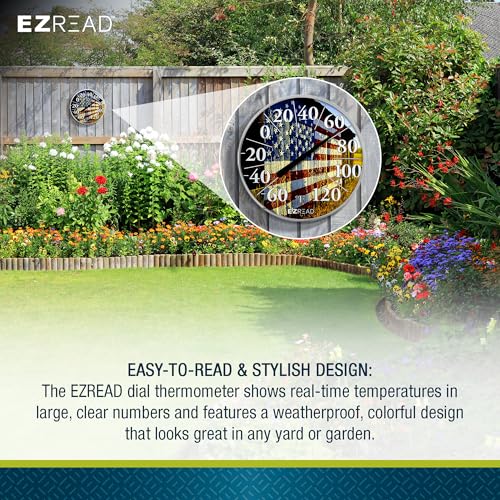 EZREAD Hanging Dial Thermometer 840-1232 Weather Thermometers for Indoor and Outdoor Use, Large 12.5 Inch Diameter, Easy to Read Numbers, American Flag on Barn - color: USA Barn