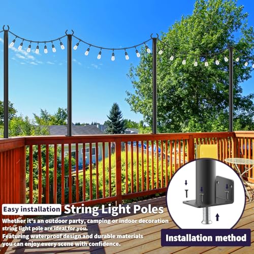 LETIANPAI 6 Pack String Light Poles,5 Ft Metal Poles with Fence Bracket for Outdoor String Lights,Outdoor Light Poles with Fork,Poles/Post/Stand for Outside - size: 6 Pack 5FT