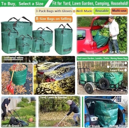 Professional 3-Pack 80 Gallon Lawn Garden Bags (D26, H33 inch) Reusable Yard Waste Bags with Gardening Gloves for Leaf Bag,Garden Pruning,Yard Debris Container,Lawn Grass Clippings,Weeds Bag 4 Handles