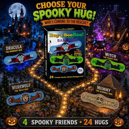 Fun Monsters Adhesive Bandages from Hug-a-Booboo! Spooky Halloween Bandages That Hug! Favorite Scary Monster Characters - Vampire, Witch, Wolfman and Mummy with Hugging Arms! Fun as Stickers 24 Ct Box - size: 24ct, style: Spooky Monsters
