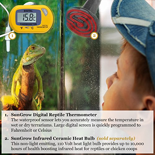 SunGrow Reptile Digital Thermometer, 1.5” x 2.3” x 0.5”, Easy to Read Display, Yellow, Battery Not Included, 1-Pack - style: Waterproof Type