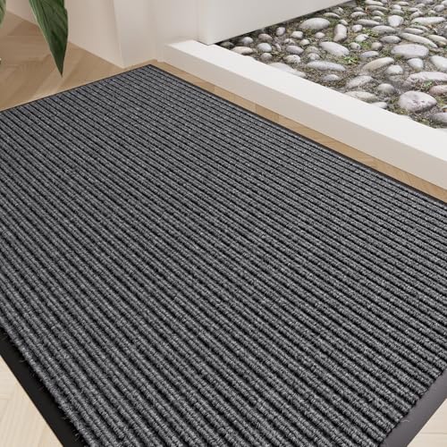 Front Door Mat 35"x23", Heavy Duty Low Profile Door Mat Indoor Entrance, Absorbent & Dirt Resistant, Easy Clean Non-Slip Welcome Mat, Commercial Door Rugs for Entryway Indoor Outdoor, Grey - color: Grey Striped, size: 2' x 3'