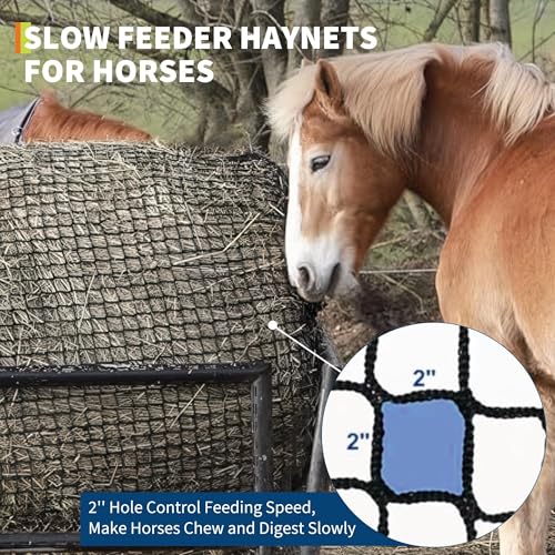 Round Bale Hay Net for Horses and Goats, 6X6 Ft Knotless Design Slow Feed Hay Net with 2'' Holes, Large Heavy Duty Slow Feeder Nets - size: 6x6FT