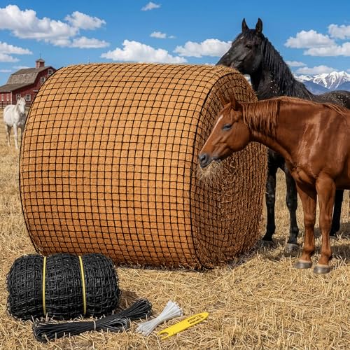 5x5 ft Round Bale Hay Net for Horses & Goats, 1.5" Holes Slow Feeder Hay Nets with Hay Net Repair Tool - size: 5*5*5 FT
