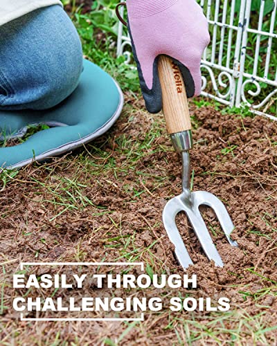 Garden Fork Hand Tool Small Weeding Fork 12 Inch with 3 Pointed Tines Wood Handle for Gardening Weeding Cultivating Digging Planting Transplanting Aerating Loosening Hard Soil Mixing Additives - size: Weeding Fork
