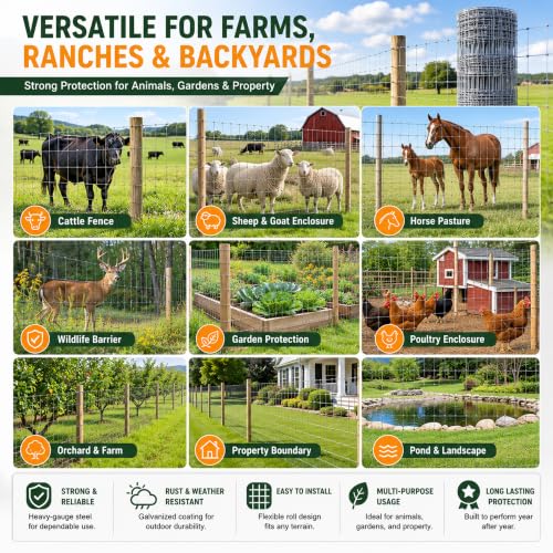 Cattle Panel 14Gauge Galvanized Woven Wire Fence 4FT x 328 FT Cattle Fence | Livestock Farm Fence 8in to 3.5in Mesh Heavy Duty Welded Wire Fencing for Goats Garden Fencing and Animal Containment - color: Silver, size: 14 Gauge 4'×328'