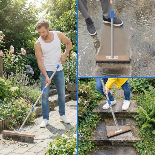 SUNBABA Stainless Steel Wire Scrub Brush with 62" Long Handle,Heavy Duty Stiff Metal Bristle Scrubber Broom for Deck Concrete Patio Gardens and Garages Floor Cleaning, Outdoor Moss Removal
