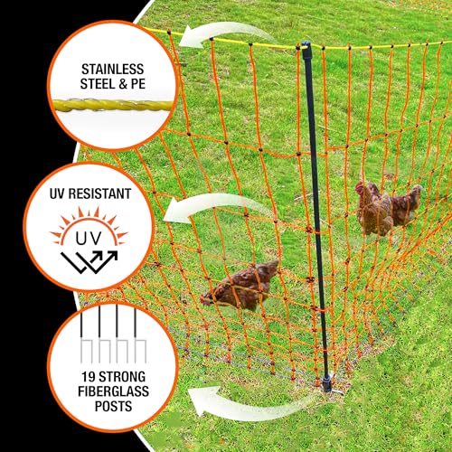 Pet & Livestock HQ Electric Fence Poultry Netting 48" x 164' - Portable Pre-Assembled Electric Net Fencing for Goats, Sheep, Lambs in Farms, Ranches, and Gardens (19 Posts, 2 Spikes) - size: 48" x 164'